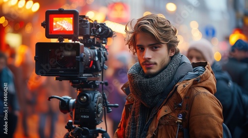 Young man with a camera on the background of a crowd of people on the street photo
