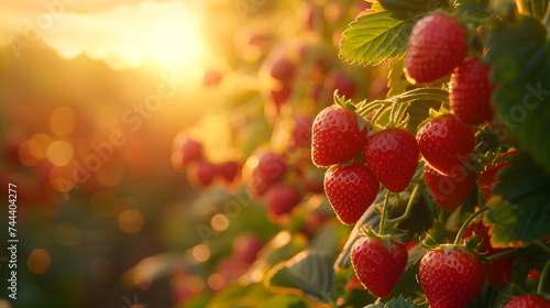 Strawberries grow on a bush with green leaves. The sun shines brightly in the background.