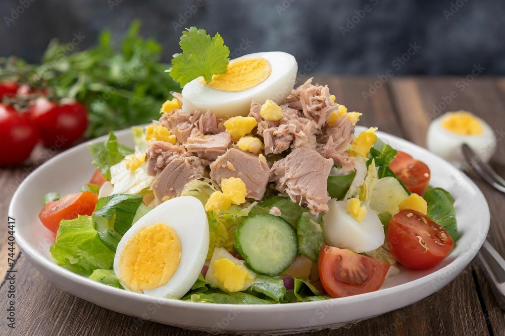 Portion of tuna salad with eggs and vegetables