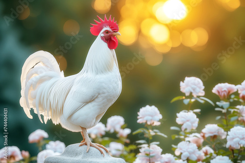 White rooster in the garden with beautiful bokeh background with copy space. Animal husbandry. Ecological farm.