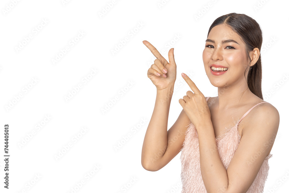 Portrait of smiling happy and relax beauty asian woman pointing finger on banner copyspace for advertising and introduce new product, customer, recommend, positive, present Portrait of smiling happy and relax beauty asian woman pointing finger on banner copyspace for advertising and introduce new product, customer, recommend, positive, present