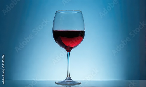 Glass of red wine on a blue background. Bright light. Copy space.