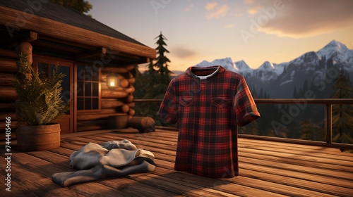 A cozy flannel-patterned T-shirt  perfect for a casual day out  against a cozy cabin wood backdrop