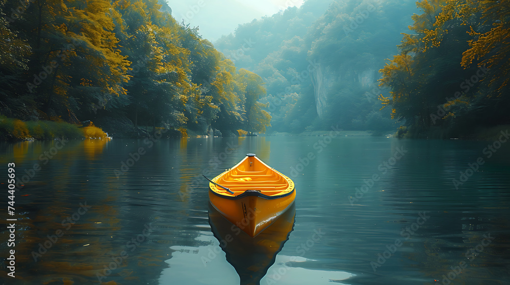 Kayaking boat on an idyllic mountain lake with beautiful view AI Image Generative. AI Image Generative - obrazy, fototapety, plakaty 