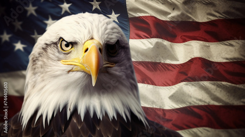 Iconic American Bald Eagle with Flag: Symbolizing America - Patriotic United States Symbols - Banner with Ample Copy Space 