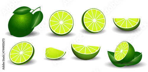 set of realistic fresh lime green isolated. 3D Illustration