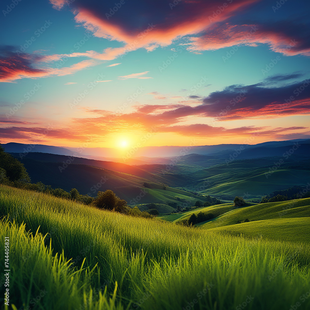 Glowing Meadows: The Magical Combination of Green Grass and Sunset Skies
