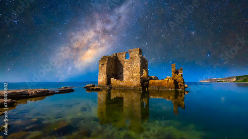 水面に映る歴史の建物と星空