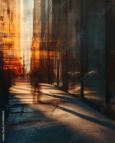 a person walking down a street next to tall buildings