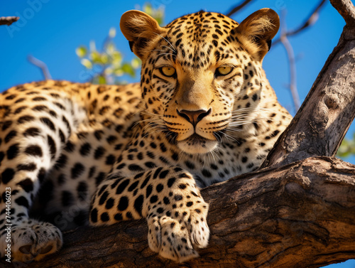Leopard lying on a tree in the South Africa 