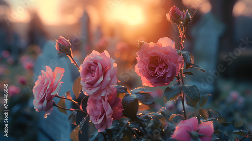 Tender Pink Roses on Cemetery Headstone at Sunrise - Serene Floral Tribute - Generative Ai