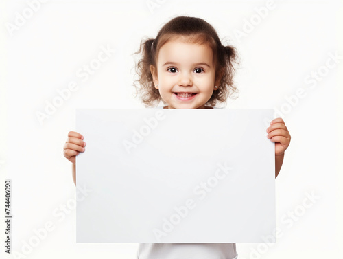 Little smiling girl holding a large white blank card with space for text, graphic or text isolated on white background 