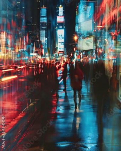 a blurry photo of people walking down a street at night