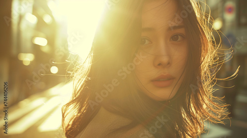 Close-up of a young woman's face with sunlight filtering through her hair.  © krit