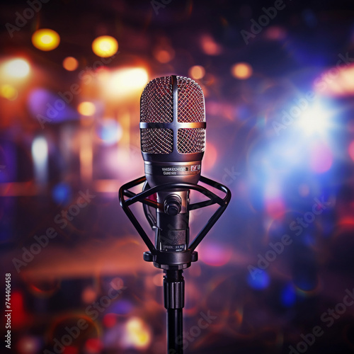 microphone in a studio with spot lights on background Job ID  2e61e97a-2ba0-4e24-b6af-1b63883c19fc