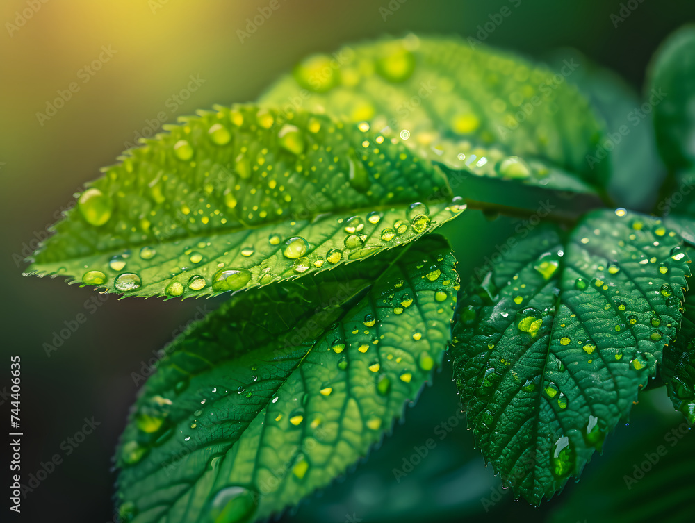 close-up of a plant with vibrant green leaves. The leaves are covered in dewdrops, and the background is a blurred golden hue. close-up of a plant with vibrant green leaves. The leaves are covered in dewdrops, and the background is a blurred golden hue.