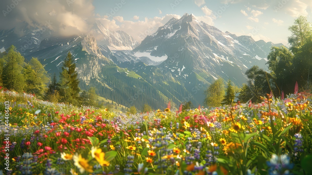 Rolling hills adorned with vibrant wildflowers, nestled beneath the towering peaks of the Alps. The serene atmosphere and soft, golden light filtering through the trees make for a captivating landscap