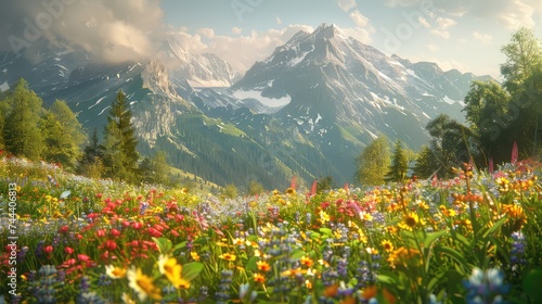 Rolling hills adorned with vibrant wildflowers, nestled beneath the towering peaks of the Alps. The serene atmosphere and soft, golden light filtering through the trees make for a captivating landscap