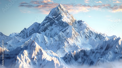 Towering snow-capped mountains reaching towards the sky, casting dramatic shadows as the sun sets behind them. The rugged terrain and pristine snow