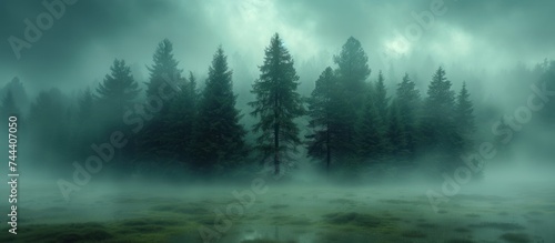 Panoramic view of a mysterious dark forest in a fog.