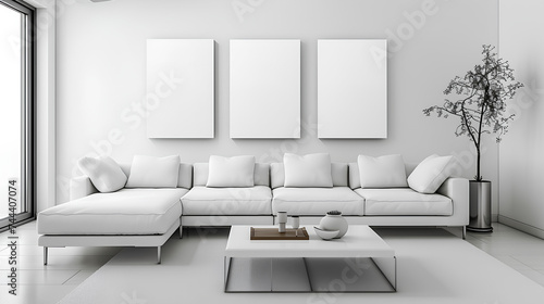 A contemporary white living room featuring a comfortable sectional sofa, a trendy coffee table, and blank canvases on the wall, awaiting your personal touch.