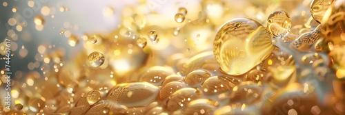 gold yellow bubbles, molecules with floating gold bubbles, Collagen Skin Serum and Vitamin bubbles in water, playful and vibrant, for beauty skin care cosmetics, spa products, or feminine brand,banner