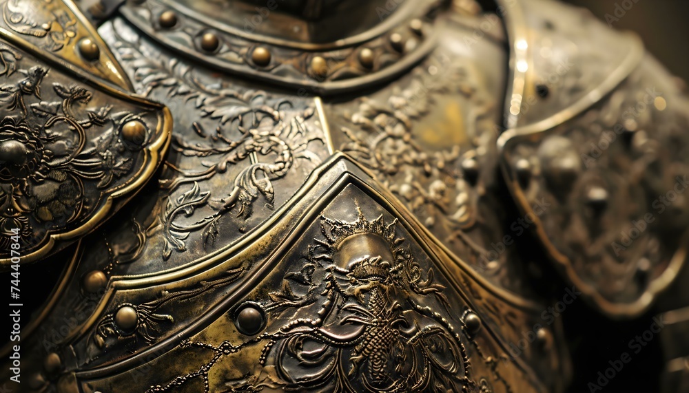 a close up of a metal armor on display a close up of a metal armor on display