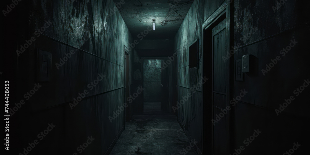 A dark hallway leads to a dark room, showcasing horror academia and realistic scenes.