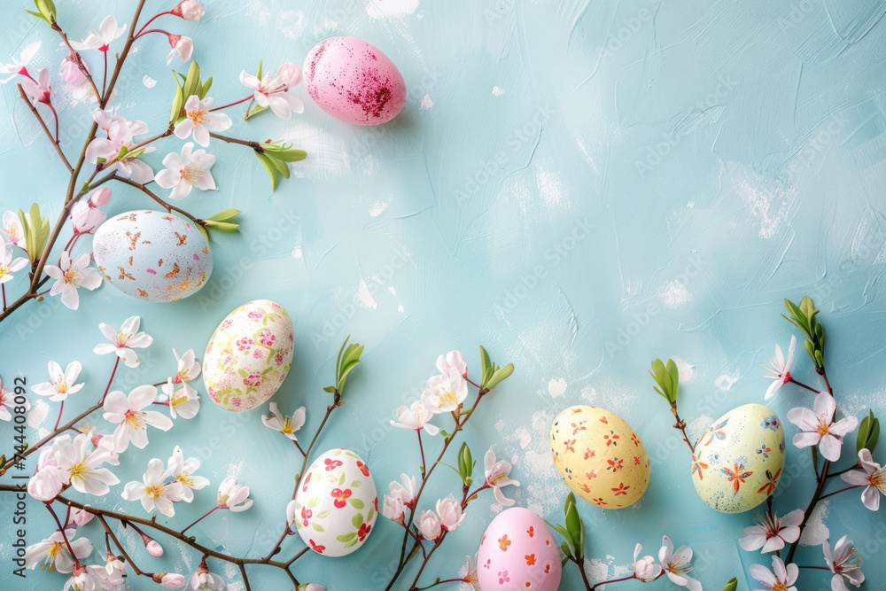Frame with colorful easter eggs and cherry blossom on pastel blue background with copy space