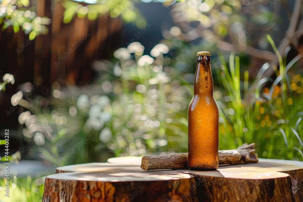 Photography of a craft ginger beer bottle with rustic branding in an outdoor setting