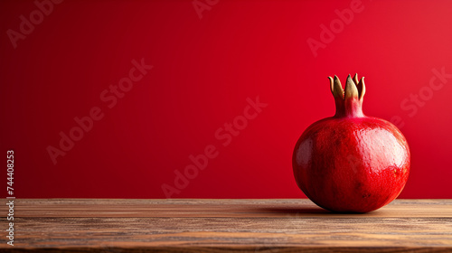 Pomegranate Fruit on Empty Wooden Table and Red Wall Background, Fresh Organic Garnet Fruit, Healthy Eating Concept with Exotic Fruits, Vibrant Red Pomegranates, Generative AI

