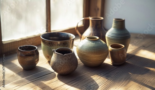 Different types of pottery are placed on a wooden surface, showcasing Australian landscapes, minimalistic style, naturalistic light and shadow, and a combination of natural and man-made elements.