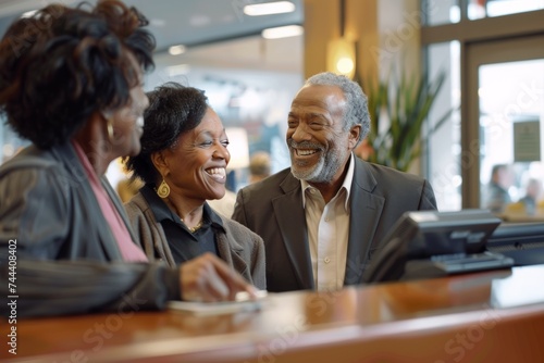 Smiling elderly couple receiving financial advice from a bank representative