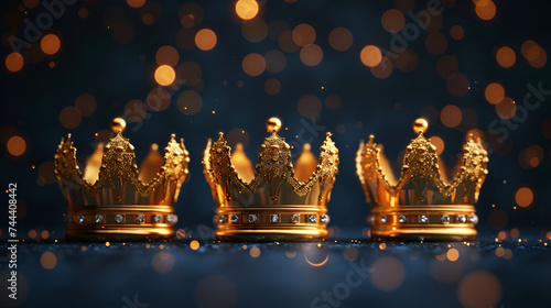 Three Shiny Golden Crowns on Navy Blue Background, Royal Crown Jewels Luxury Concept, Elegant Gold Crown Decor, Regal Symbol of Power and Authority, Majestic King or Queen Coronation, Generative AI