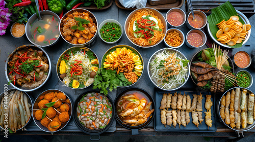 Top View of a Vibrant Thai Street Food Market in Thailand, Authentic Asian Cuisine, Bustling Marketplace Scene, Outdoor Food Stalls, Busy City Life, Cultural Experience, Generative AI