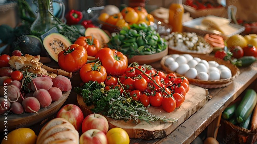 fresh food and vegetables items on a rustic wooden surface. It includes ripe red tomatoes, red-yellowish apples, lemons, papaya with seeds, peas in pods, cucumbers, and radishes with green top