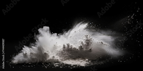 a white splash painting on black background, white powder dust paint red explosion explode burst isolated splatter abstract. white smoke or fog particles explosive special effect