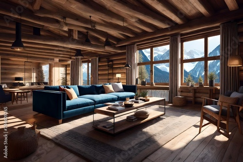 Wooden home interior in the Alps, cosy shalet high in the mountains, rustic style living room, AI generative realistic illustraion photo