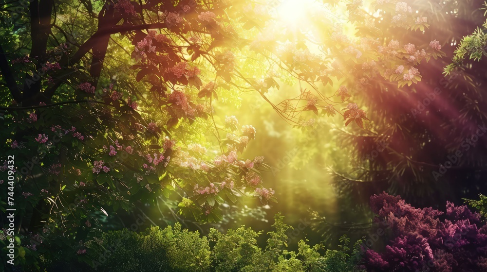 Forest view in spring with bright sunlight in the morning