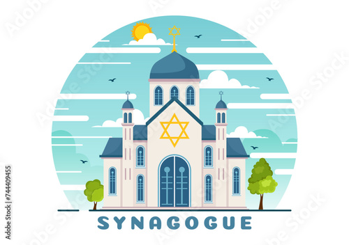 Synagogue Building or Jewish Temple Vector Illustration with Religious, Hebrew or Judaism and Jew Worship Place in Flat cartoon Background