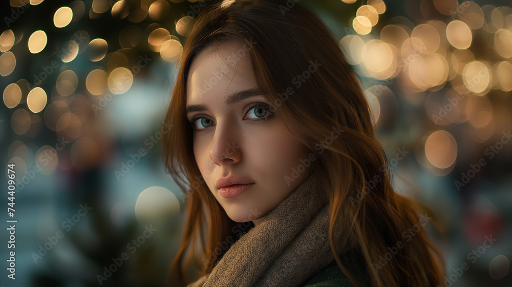 Close-up of a young woman with wavy hair and a scarf, with festive bokeh lights in the background.
Close-up of a young woman with wavy hair and a scarf, with festive bokeh lights in the background.