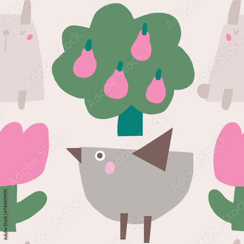 Cute farm, village, countryside theme seamless pattern. Funny hand drawn doodle repeatable pattern with bird, fruit tree, flower, rabbit, bunny. Rural life background with farm animals