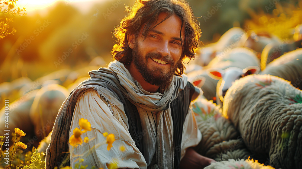 Bible shepherd and his flock of sheep in an Olive Grove. Stock Photo ...