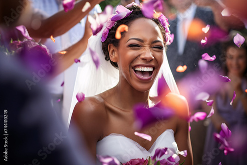 Laughing african american bride with flower petals on wedding day photo