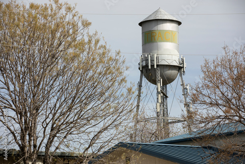 Tracy, California, USA - April 17, 2023: Afternoon sun shines on the historic downtown Tracy Water tower. photo