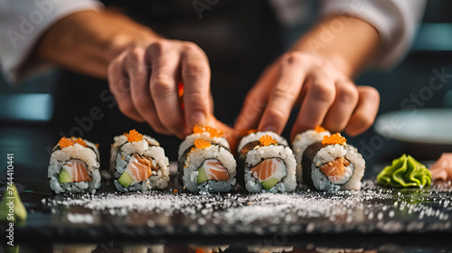 Professional Chef Hands Preparing Sushi Maki Rolls and Nigiri, Japanese Cuisine - Generative AI