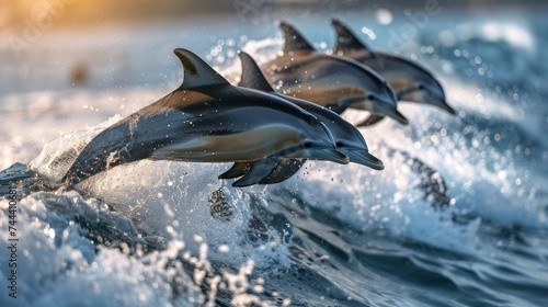 A school of dolphins playing in the waves