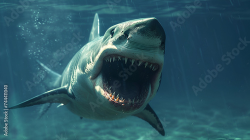White shark marine predator with big open mouth  illuminated by vibrant lantern lights. 3D rendering  Prosperity  Lunar New Year  and Cultural Fusion  Generative Ai.  