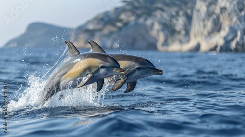 Playful dolphins jumping in the ocean © Premreuthai