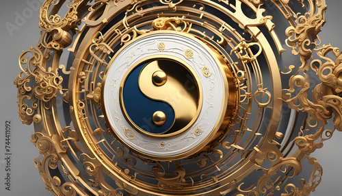 Symbol für Energie aus Metall und Jade wie verschmelzende Energien von Yin und Yang als 3D Objekt, Hintergründe und Vorlage für spirituelle und Design Inhalte Messing Gold weiß Metall Kreis rund
